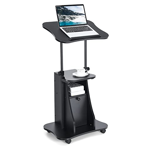 Tangkula Mobile Laptop Podium, Height Adjustable Sit to Stand Desk with Tilting Desktop & Storage Cabinet, Ergonomic Rolling Lectern Cart Laptop Desk, Office Podium Stand on Wheels