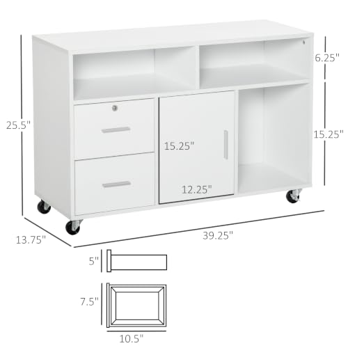 HOMCOM Printer Stand Home Office Mobile Storage Cabinet Organizer White