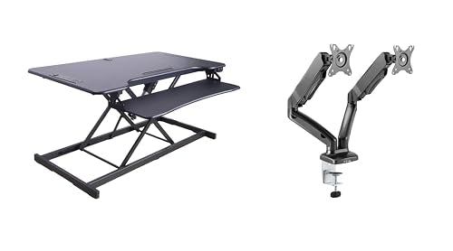 Rocelco 46" Electric Standing Desk Converter with AC Outlet USB Charger and Dual Monitor Arm Mount - Motorized Adjustable Sit Stand Riser - Tabletop Workstation Keyboard Tray - Black (R EDRB-46-MA2)