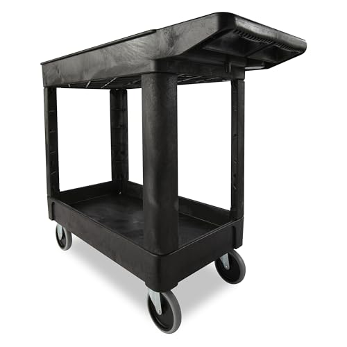 Rubbermaid Commercial Products 2-Shelf Utility/Service Cart, Small, Lipped Shelves, Storage Handle, 500 lbs. Capacity, for Warehouse/Garage/Cleaning/Manufacturing