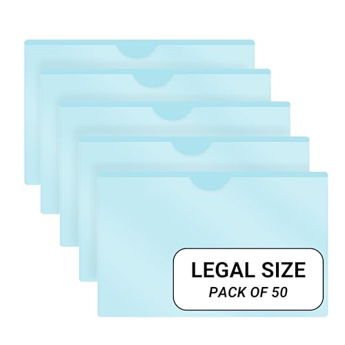 Doctor Stuff- 50 Pack, Vinyl Plastic Pocket File Folders Closed Sides, Legal Size, Clear Front Top Loading Job Jacket, Documents Holder for Office, High School and Medical Files, Light Blue