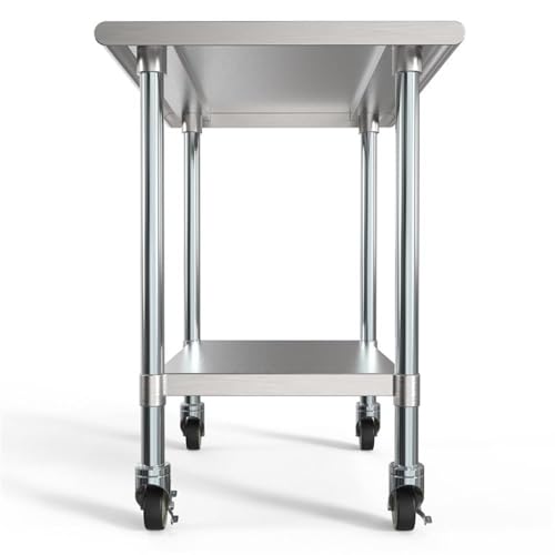 KoolMore Commercial 24x30'' Stainless Steel Work Table with Wheels for Restaurant or Home Use, Under Storage Shelf Food, Tools, Equipment, & Hardware, Heavy Duty Metal Workspace (CT2430-18C), Silver