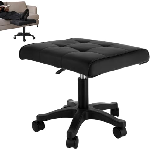 Footrest Under Desk, Adjustable Height 15.7-19.7 in Leg Rest Ottoman with Wheels, 17.7 x 14.6 in Ergonomic Saddle Foot Stool, Leather Rolling Stool for Office Home Gaming Salon Makeup Vanity