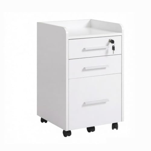 Tanimoreg White 3‑Drawer Mobile File Cabinet, Lockable Rolling Office Storage Cabinet with Raised Top Edge, Vertical Filing Cabinet for Home Office Document Organization