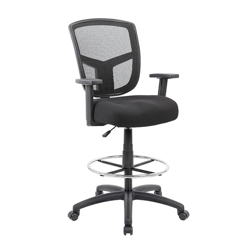Benzara MEA Drafting Stool Chair, Adjustable Arms, Black Mesh, Chrome Footring