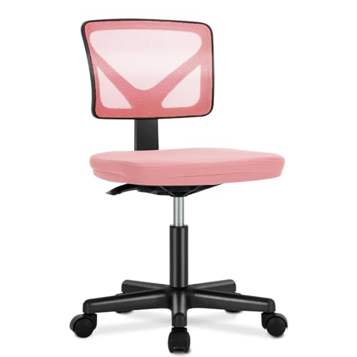 SYBESTE Mesh Office Chair with Lumbar Support – Armless Low Back Computer Chair with Wheels, Adjustable Height & 360° Swivel, Ergonomic Rolling Desk Chair for Home & Office (Pink)