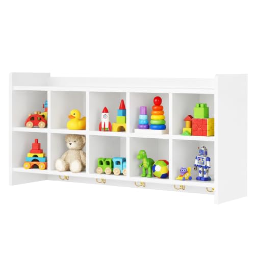 Verssure Wall Cubbies, 10 Cubby Storage Organizer with Coat Hooks, Cubbies for Classrooms,Wooden Cubby Shelf for Toys, Bags and Books, Used in School, Gym, Daycare Storge (White)