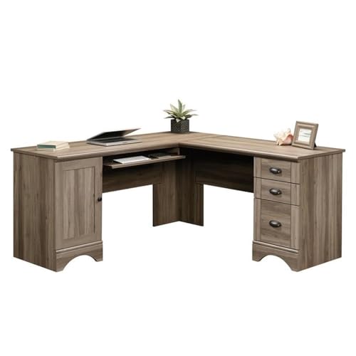 Scranton & Co L-Shaped Computer Desk, Engineered Wood, Salt Oak Finish, 30.2" H x 65.2" W x 65.2" D, Slide-Out Keyboard Shelf, Storage Drawers, Adjustable Shelf, Corner Home Office Workspace Desk