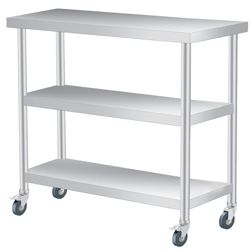 ExploreHorizon Stainless Steel Work Table with Wheels, 3-Shelf Commercial Food Prep Table 18x36x34 Inch, Rust-Resistant Metal Utility Table for Kitchen, Restaurant, Garage, Warehouse, Indoor, Outdoor