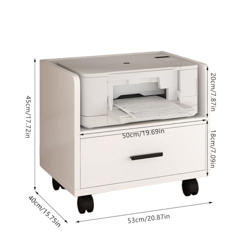 PreuepltrMa Printer Stand with Storage Drawer, Printer Table with Locking Wheels, for Under Desk, Home, Office, Mechanism Small and Short(White,53 cm(20.87in) in Length)