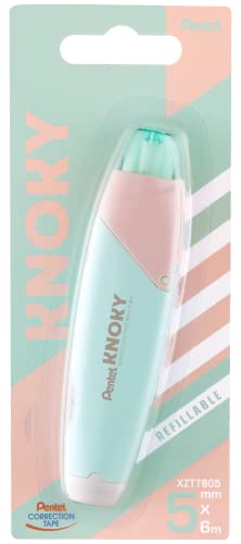 Pentel XZTT805K-WY Knoky Correction Tape with Push Mechanism, Ergonomic Shape, Refillable, Length 6 m, Width 5 mm, Casing Colour Light Green, 1 Pack = 12 Blister Cards