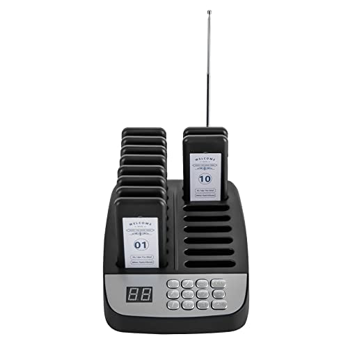Restaurant Wireless Pager System, Guest Service Calling System, 10 Pagers and 16 Charging Slots, Buzzer, Vibration and Flashing Modes, Long Distance Transmission, for Restaurant