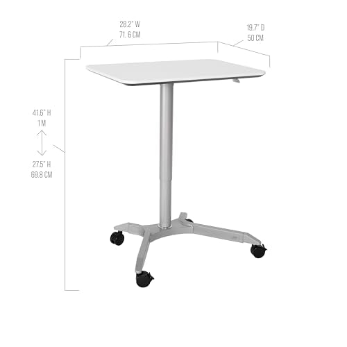 Seville Classics Airlift Height Adjustable Pneumatic Laptop Sit Stand Desk Mobile Rolling Cart, Computer Workstation for Home Office, Classroom, White, 28" Premium Desktop (New Model)