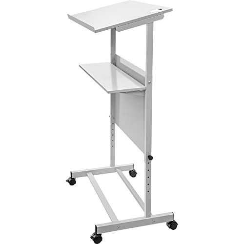 VEVOR Portable Floor Lectern, Height Adjustable, Wheeled Lectern with Dual-Layer Storage Shelf, Teacher Speaker Standing Desk, Podium Stand Classroom Presentation Stand for Speech, Church
