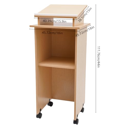 Rolling Podium Stand with Wheels Farmhouse Wood Presentation Standing Portable Lectern Speaking Podium Stand with Storage Shelf and Slant Desktop for Church Office School Classroom Home (Oak Color)