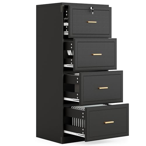 LITTLE TREE 4-Drawer File Cabinet with Lock, Large Vertical Storage Cabinet, Secure Space-Saver for Home Office, Compatible with A4/F4/Letter/Files, Filing Cabinets for Home Office (Black, MDF)