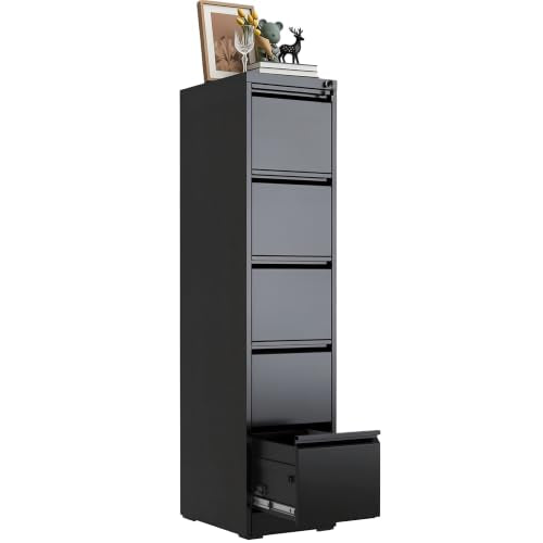 VIYET 5-Drawer File Cabinet with Lock.Vertical Steel Storage for Letter/Legal/A4 Size Folders,Anti-Tip Safety Design,Black