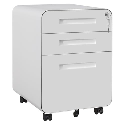 FinerFurnis Secure 3 Drawer Metal File Cabinet with Lock – Fully Assembled Mobile Filing Cabinet for Home Office, Anti-Tilt 5 Wheels, Under Desk Storage for A4/Letter/Legal Size – White
