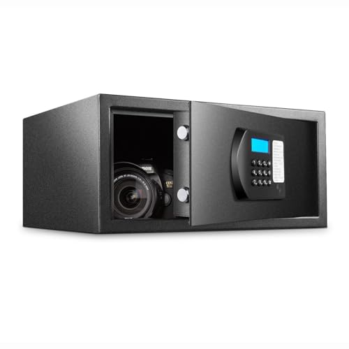 Small Safe Box Digital Safe with LED Sensor Light and Emergency Power Outlet, Security Box for Hotel, Office, Home