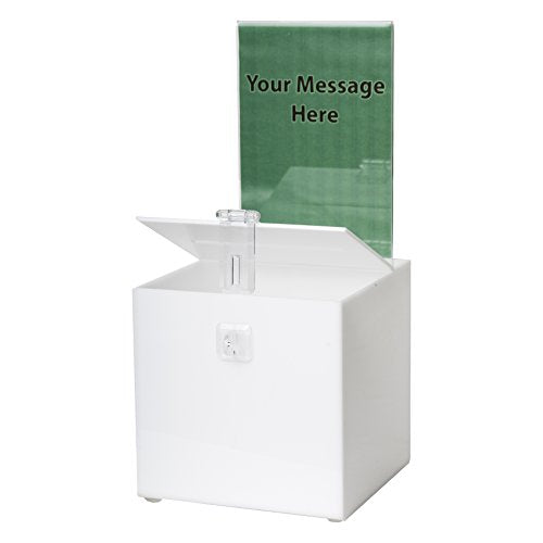 Clear-Ad - Acrylic Donation, Ballot, Raffle or Suggestion Box with Lock and Sign Holder - Plastic Comment or Compaint Container - Plexiglass Multipurpose Box with Slot - White (8x8)