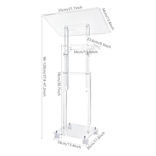 xsdzgdzy Acrylic Podium Stand with Wheels, Clear Adjustable-Height Presentation Stand, Dual-Layer Storage Lectern for Meeting Room, Classroom, Office, Mobile Rolling Modern Pulpit