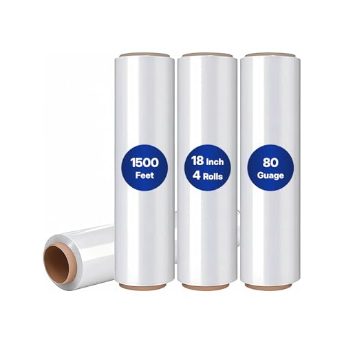 NorthSky Plastic Wrap Stretch Film - Industrial Strength up to 800% Stretch 20 Microns Clear Durable Adhering Packing Moving Heavy Duty Shrink Film Box of 4 (80 Gauge, 18'' x 1500')