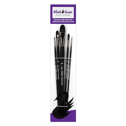 Black Swan Synthetic Red Sable Paint Brushes - Filbert Set of 5 - Professional Quality Long Handle Paint Brushes for Oil, Heavy Body Media and Acrylic - Artists of All Levels