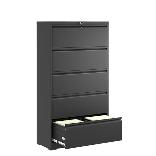 Large Metal File Cabinet Lockable Tall 5 Drawer Lateral Steel Filing Cabinet with Lock & Large Drawer Lockable File Cabinet Filing Cabinet Office File Cabinets Printer Stand for Home Office (Black)