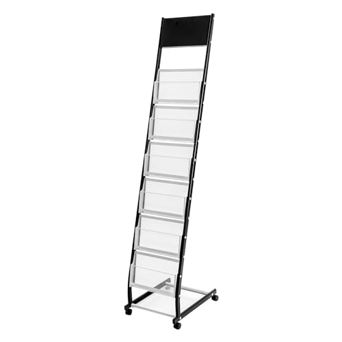 Apexonix 6 Tiers Floor standing Magazine Rack Iron Brochure Display Stand with Wheels and Mesh Storage Basket Literature Rack Shelf for Home Offices Exhibitions Libraries Conference Rooms
