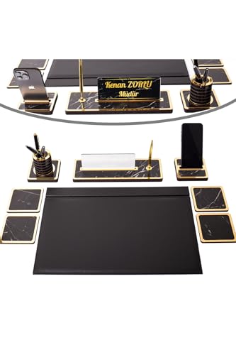 8-Piece Marble Patterned Wood Desk Organizer Set with Leather Desk Pad and Nameplate - Black - Black