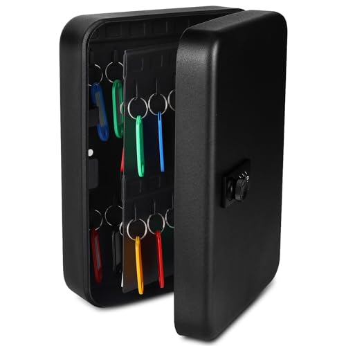 Flexzion Key Box Wall Mount with Code - Black Key Cabinet Lock Box Key Storage Box Wall Mount with Combination Lock, Secured Key Organizer Box with 48 Colored Key Holder for Homes, Office, Apartments