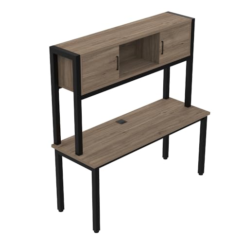 NBF 60" W Credenza Desk with Hutch - Industrial Computer Desk with Open and Concealed Storage - Cortez Office Storage Furniture with Steel Grommet for Cable Management, Driftwood Gray
