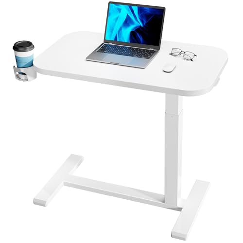 HUANUO 32Inch Bedside Table with Wheels, Height-Adjustable Rolling Computer Cart, Overbed Table with Cup Holder, Pneumatic Laptop Standing Desk for Home Office, White