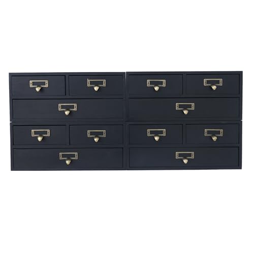 Wooden Desktop Organizer, 3 Tier Tabletop Storage Cabinet with 12 Drawers Composable Four-Piece Set & Metal Handles Modular Stackable Desktop Apothecary Cabinet for Home Offices Schools (Black)