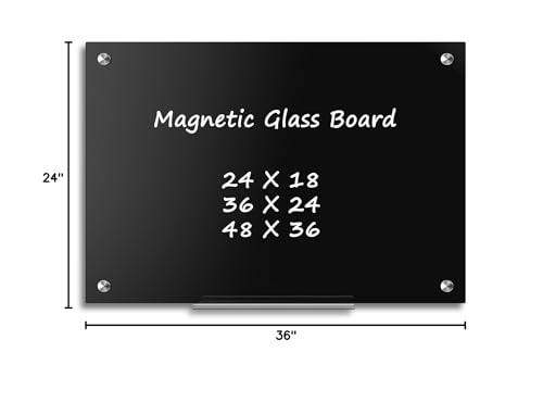 AMUSIGHT 36” x 24” Black Dry Erase Board, Magnetic Tempered Glass Board