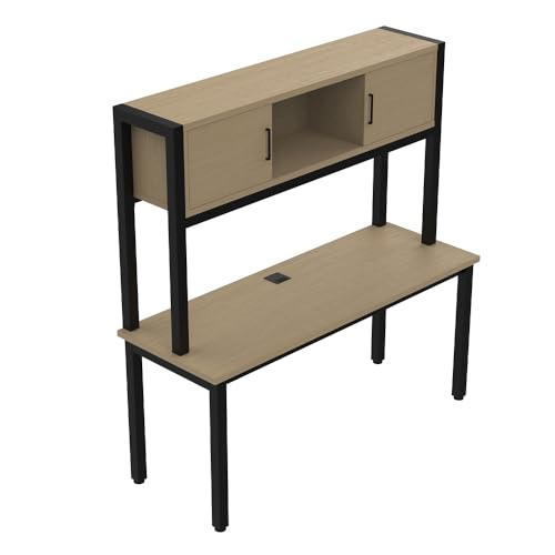 NBF Credenza Desk with Hutch - Industrial Office Desk with Open and Concealed Storage - Cortez Computer Desk with Drawers and Shelf Home, Office, 60" W x 24" D, Natural