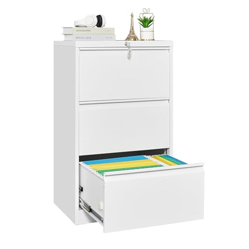 3 Drawers Lateral File Cabinet with Lock, Metal Filing Cabinet with Card Holder, Steel Drawer File Cabinets for Under Desk Use, Perfect for Home Office, Legal, Letter, f4, a4 Size Documents,White