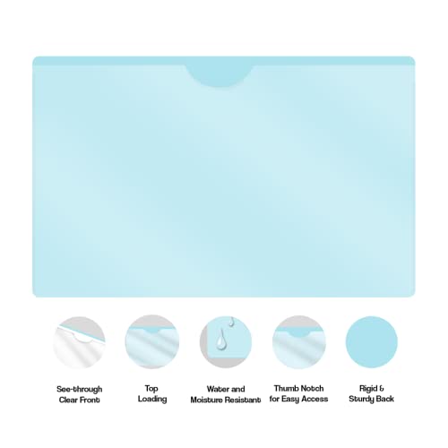 Doctor Stuff- 100 Pack, Vinyl Plastic Pocket File Folders Closed Sides, Legal Size, Clear Front Top Loading Job Jacket, Documents Holder for Office, High School and Medical Files, Light Blue