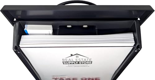 Outdoor Real Estate Brochure Box with Portable Two-Piece Metal Yard Stand Holds 250 Flyers, 60 Business Cards Easy-Install Marketing Display (1 Pack - Black)