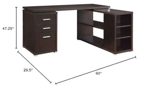 Scranton & Co L-Shaped Wood Writing Desk, Cappuccino Finish, 60" W x 47.25" D x 29.5" H, MDF and Laminate, 3 Drawers, Shelves, Reversible Setup, Contemporary Home Office Desk with Storage