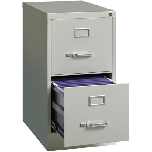 Pemberly Row 22" 2-Drawer Metal Vertical Filing Cabinet, Light Gray Finish, Commercial Grade Steel Construction, Lockable Letter Width Drawers, Smooth Ball-Bearing Slides, Office Storage Solution