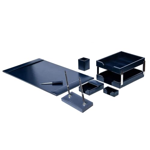 Dacasso Navy Blue Bonded Leather Luxury 9-Piece Desk Set - Blotter Pad & Desk Organization Essentials - Executive Decor and Surface Protector