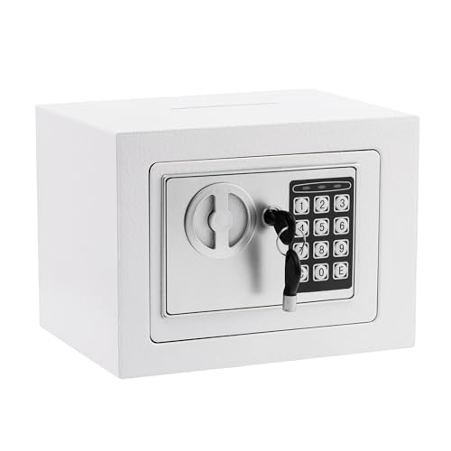 Small Safe Box With Digital Keypad & Keys - 9.05 x 6.7 x 6.7 Inches Wall Safe 0.23 Cuft Mini Security Lock for Coin Home Office Hotel Rooms Business Jewelry Gun (White)