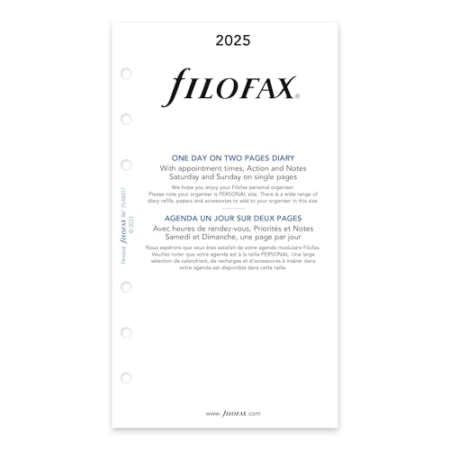 Filofax Calendar Diary Refill, Personal/Compact Size, Day on Two Pages with Appointments, White Paper, Bilingual, 2025 (C68417-25)