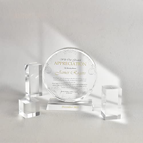 Extra-thick 6” Personalized Appreciation Gift Plaque for Happy Retirement Boss, Employee, Pastor, Pure K9 Crystal Clear Glass Circle Award with custom Name and Company LOGO (S - 6")