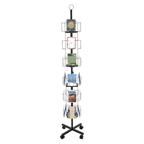Greeting Card Display Stand, 6-Tier 24-Pocket Rotating Card Holder Display Retail, Metal Black Greeting Card Organizer, Floor Rolling Postcard Rack for Stickers Brochures Postcards Gift Cards CDs Etc