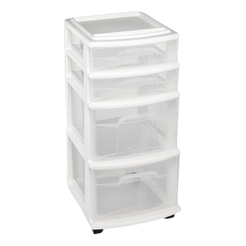 HOMZ Drawer Tower, 4-Tier Storage Cart with Removable Wheels, White Frame