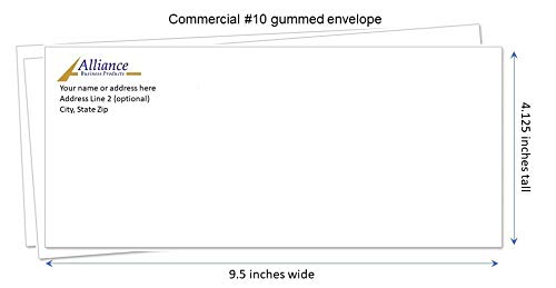 250 Printed Regular Envelopes #10, White, Gummed Enclosure or Optional Self Seal Security Tint, Text and Logo Customization, Size 4-1/8 x 9-1/2 Inches, 24 LB