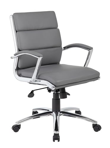 Scranton & Co Contemporary Executive Office Chair, Gray CaressoftPlus Upholstery, 37"H x 27"W x 27"D, Mid-Back, Chrome-Plated Arms with Pads, Adjustable Seat Height, Tilt Mechanism, Stable Chrome Base