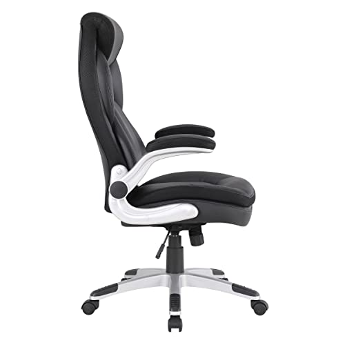 Office Star ECH Series Executive Bonded Leather Office Chair with Lumbar Support and Padded Height Adjustable Arms, Black with Silver Coated Nylon Base